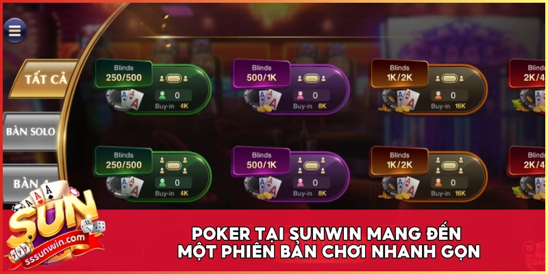 Poker tại Sunwin mang đến một phiên bản chơi nhanh gọn