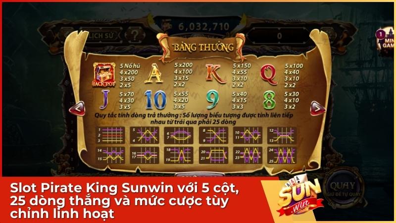 Game Nổ Hũ Pirate King Sunwin: Săn Kho Báu Biển Cả & Nhận Thưởng x5000 1 Game nổ hũ Pirate King Sunwin với 5 cột, 25 dòng thắng và mức cược tùy chỉnh linh hoạt