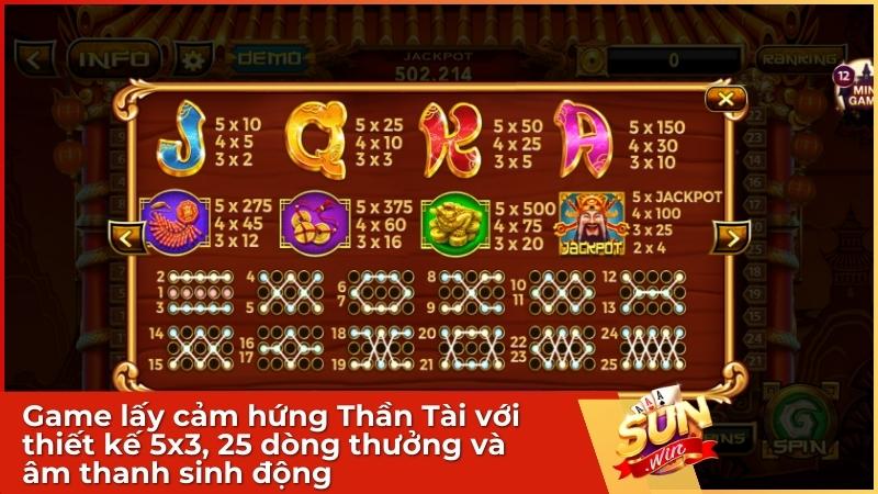 Game Nổ Hũ Thần Tài Sunwin - Game Slot Chiêu Tài Lộc, Nổ Jackpot Tiền Tỷ 1 Game lấy cảm hứng Thần Tài với thiết kế 5x3, 25 dòng thưởng và âm thanh sinh động