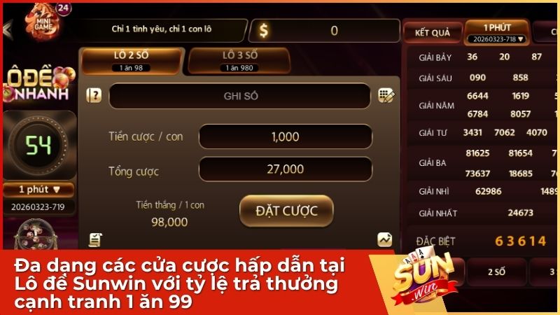Tại lô đề siêu tốc sun.win bạn sẽ thỏa sức chọn: Bao lô, Lô xiên, Đánh đề, 3-4 Càng, Lô trượt