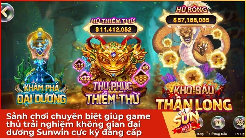 Đồ họa 3D sống động cùng các sảnh chơi chuyên biệt giúp game thủ trải nghiệm không gian đại dương Sunwin cực kỳ đẳng cấp và chân thực